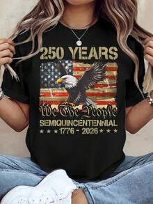 Women Loose 100% Cotton Graphic Tee, 250th American Independence Patriotic Print Top, Machine Washable Casual Outfit For 4th Of July Party Events - 黑色 - 查看 1