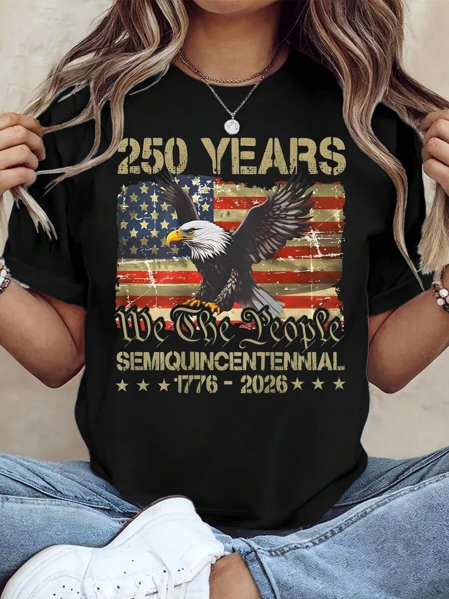 Women Loose 100% Cotton Graphic Tee, 250th American Independence Patriotic Print Top, Machine Washable Casual Outfit For 4th Of July Party Events - 黑色 - 查看 1
