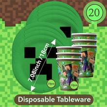 Juego de 20 piezas de vajilla desechable para fiesta temática, reunión de fiesta, vajilla de fiesta de cumpleaños con tema de bloques clásicos - Multicolor - Ver 1