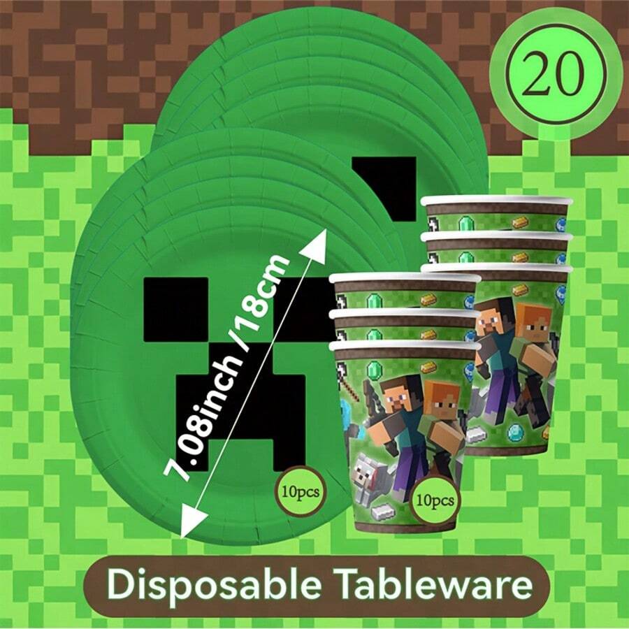 Juego de 20 piezas de vajilla desechable para fiesta temática, reunión de fiesta, vajilla de fiesta de cumpleaños con tema de bloques clásicos - Multicolor - Ver 1