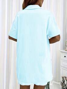 女士休闲宽松衬衫配系带装饰短裤夏季 - 青色 - 查看 2