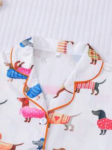 女童短袖睡衣套装，夏季轻薄新款抽象可爱小狗印花Polo领开衫和松紧腰宽松短裤，柔软透气，居家休闲两件套。 - 白色 - 查看 3