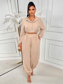 AIJ Women's Elegant Casual Commuter Solid Short Shirt & Wide-Leg Pants Two Pieces Set - Khaki - View 1