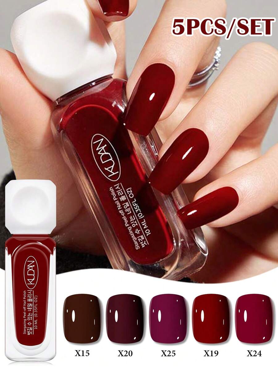 KUDAN 5pcs/Set 10ml Water-Based Nail Polish Set - Red And Nude Pink Popular Shades, Quick-Dry Peelable Long-Lasting Durable, Suitable For Nail Care - Multicolor - View 1