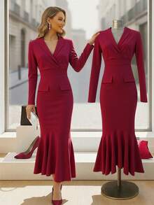 Damen einfarbiges V-Ausschnitt Blazer Kleid mit Fake Tasche und Langarm, figurbetonter Meerjungfrau-Saum, geeignet für Party, Büro, elegant, Kirche, Lässig, Valentinstag, Ramadan, Date Night, Garten, Fotoshooting, Strand, Urlaub, Kombination aus Anzug und Kleid, Burgunderrot, vintage schmeichelhaft, taillierend, vielseitig - Rot - Übersicht 3