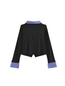 学院风 Polo 领开衫长袖上衣，腰部褶裥撞色格纹，适合初秋穿着 - 黑色 - 查看 6