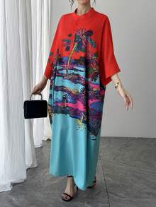 1pc Women's Oversized Colorblock Printed Robe, Mandarin Collar Single-Breasted Raglan Sleeve Casual Long Dress, Elegant Luxury Party Gown, Holiday Gift For Mom, Daughter, Friend Red - Red - View 5