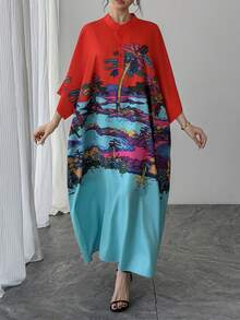 1pc Women's Oversized Colorblock Printed Robe, Mandarin Collar Single-Breasted Raglan Sleeve Casual Long Dress, Elegant Luxury Party Gown, Holiday Gift For Mom, Daughter, Friend Red - Red - View 7