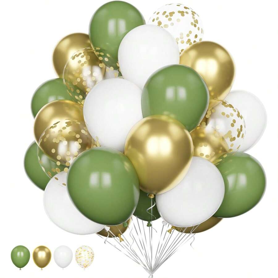 Sage Green & Gold Balloons Set, 20pcs 10/12in Olive Green Metallic Aluminum Foil Sequin Balloon Gold White Latex Balloons For Wedding, Jungle, Baby Shower, Birthday Party Decorations - Multicolor - View 1