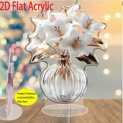 2D Flat - [2D Flat] 1pc Bohemian Gilded Branch Rose Lily Flower Matching White Vase | Valentine'S Day Theme, Exquisite Acrylic, Suitable For All Seasons, Multipurpose Home Decoration, Wall Hanging, Ideal For Office And Bedroom