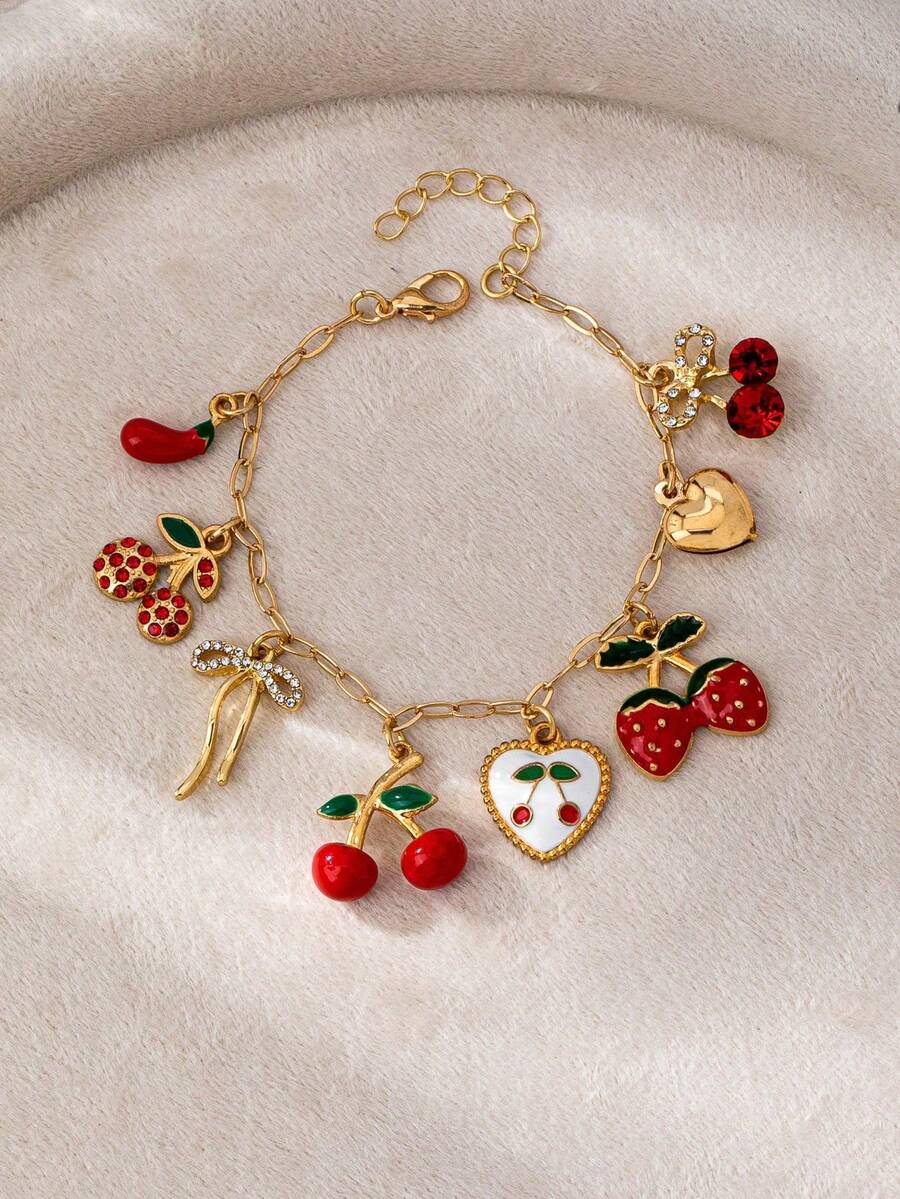 1pc Gold Heart Pendant Bracelet With Bow, Cowboy Hat, Boots And Cherry Pendant Charms, Jewelry Gift For Women - Multicolor - View 1