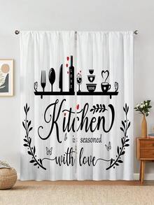 2pcs Vintage Fork Spoon Printed Kitchen Window Curtain,Without Holes Curtain,Short Curtains,Refer To Bedroom Office Kitchen Living Room Study Home Decor - Multicolor - View 5
