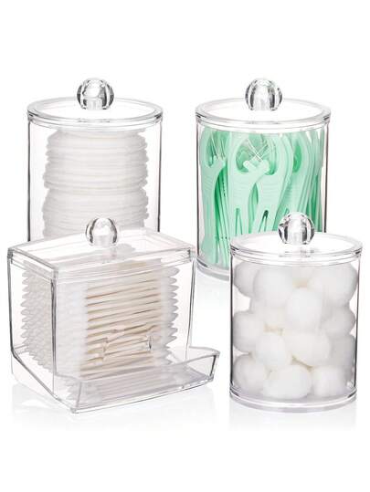 10oz Transparent Bathroom Vanity Organizer Set, A Four-Piece Set With Lids, Including A Small Square Swab Storage Box. The Stackable Design Is Perfect For Storing Dental Floss, Bath Salts, Cotton Balls, And Other Items.