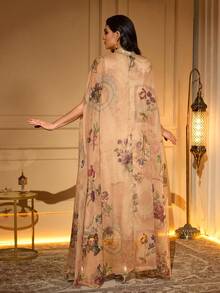 Elegant Floral Print Kaftan Robe With Faux Pearl & Applique Details, Batwing Half Sleeve Stand Collar Caftan Eid - Camel - View 2