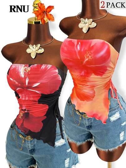 RNU 2pcs/Set Vintage Floral Print Cropped Camisole Top, Side Tie Waist, Casual Wear For Spring, Summer, Autumn, Suitable For Vacation, Party, Afternoon Tea And Other Occasions