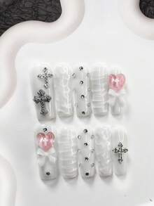 10pcs Gentle, Pure & Charming Nail Stickers Set, Acrylic Nail Art Kit, Including Silver Glitter Cross, White Bow, Light Pink Cross Heart, White Wave Pattern, Hand-Painted Asymmetrical Heart, Asymmetrical Silver Rhinestones, Fresh White Nail Polish Nails Nail Supplies - Multicolor - View 15