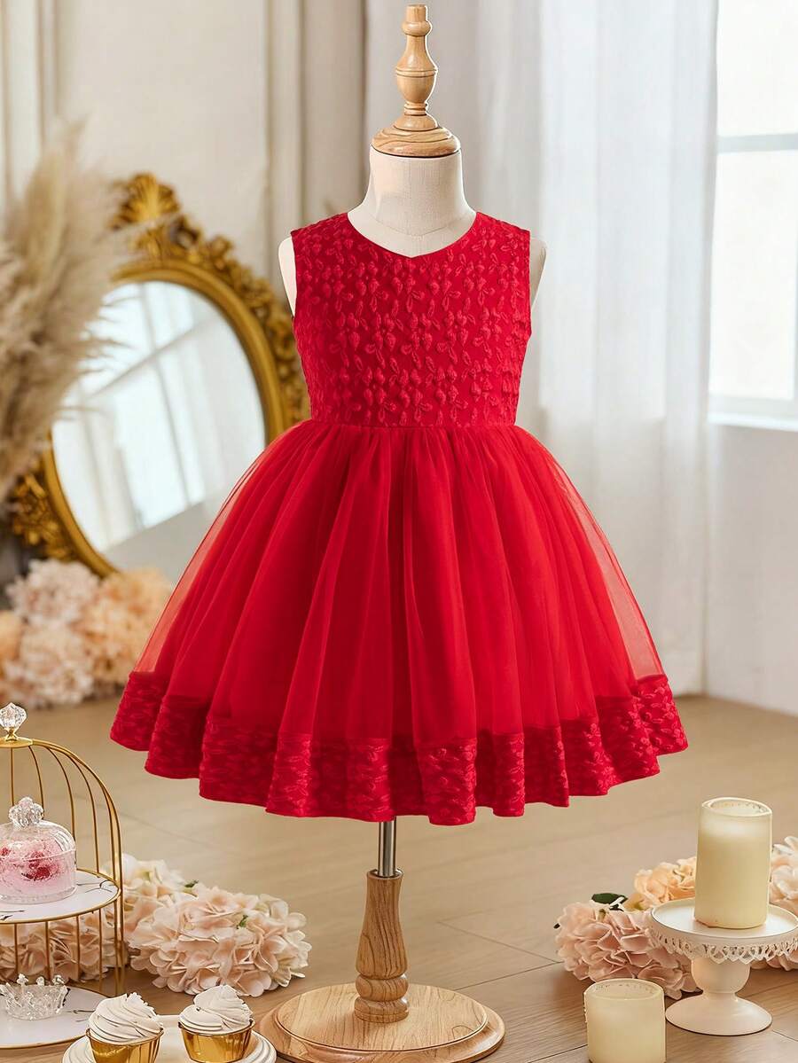 Young Girls' Fashionable Jacquard Contrast Mesh Tulle Sleeveless Dress - Burgundy - View 1