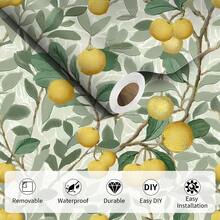 1卷清新柑橘植物自粘墙纸，浅绿色和淡黄色叶子、枝条和果实图案，可移除乙烯基材质，即撕即贴装饰墙贴，复古插画风格墙纸，自然艺术家居装饰贴纸，尺寸17.32 x 393.70英寸，适用于客厅、厨房、卧室、浴室、餐厅、家具翻新，易于安装。 - 彩色 - 查看 8