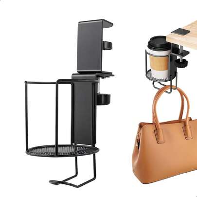 Bekerhouder, flessenhouder, 360° draaibare hangende bureaubekerhouder, verstelbare bekerhouder met hoofdtelefoonhaak voor onder het bureau, clip-on bekerhouder voor koffiekopje en schoteltje
