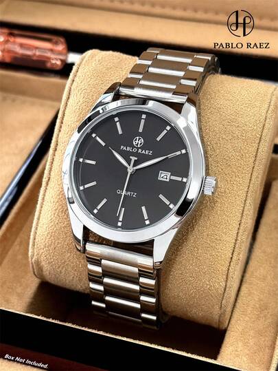  1pc Pablo Raez Casual Men's Watch, Stainless Steel Original Men's Wristwatch, Charming, Brand New AAA Grade Silver Jewelry, Anti-Fading Heavy Metal Steel Strap Chain, Luxury Wristwatch, 50M Waterproof, Calendar Clock, Men's Fashion Quartz Watch, Luminous Bar Markings, High-End Business Men's Wristwatch, Suitable For Daily Wear, Great Gift For Father Or Male Friends, Suitable For Work, Study, Graduation, Wedding, Birthday And Other Occasions.