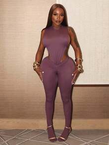 Street Fashion Vacation Party Casual Women's Clothing Solid Color Sexy Hollow Waist Slim High Waist Tight Backless Jumpsuit - 紫色 - 查看 4