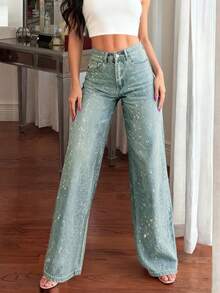 2025 New Fashion European And American Women's Loose Straight Leg Rhinestone Embellished Denim Maxi Pants Casual Spring - Medium Wash - View 7
