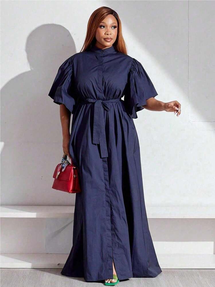long sleeve dresses for short women Fancyglim Dress for Women Long Sleeve Square Neck Short Dress Tiered Ruffle A-Line Flowy Mini Dresses with Pockets Navy Blue 2XL, Women's