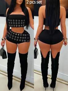 Valentine's Day, Date Night Outfit, Gifts For Her,Women's  Y2K Cutout Off-Shoulder Crop Top & Shorts Two-Piece Set | Metal Grommet Embellishment - Perfect For Daily Wear, Commute, Travel & Party Occasions - 黑色 - 查看 4