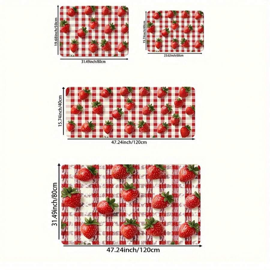 Strawberry Pattern Kitchen Rugs Set, Polyester Non-Slip PVC Back, Washable Machine Made Area Mats For Home, Bathroom, Bedroom - Rectangular Decorative Floor Pads, Easy Clean Indoor Carpet - màu đen - Xem 1