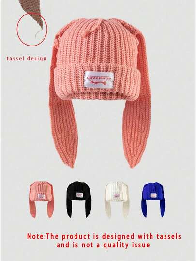 1pc Women's Winter Knit Hat, Cute Rabbit Ear Design, Soft & Warm Thick Acrylic Material, Skull Cap, Personalized Casual Party Couple Hat (Note: The Product Has Tassel Design, Not A Quality Issue)