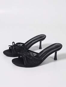 Women's Mesh Breathable Open Toe High Heel Sandals, Versatile Minimalist Summer New Bowknot Stiletto Slide Sandals, Black Lace - Black Double Mesh - View 16