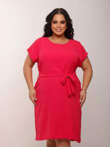 Vestido Lindo  Casual  elegante    Nó  Com cinto - Vermelho - Visão 1