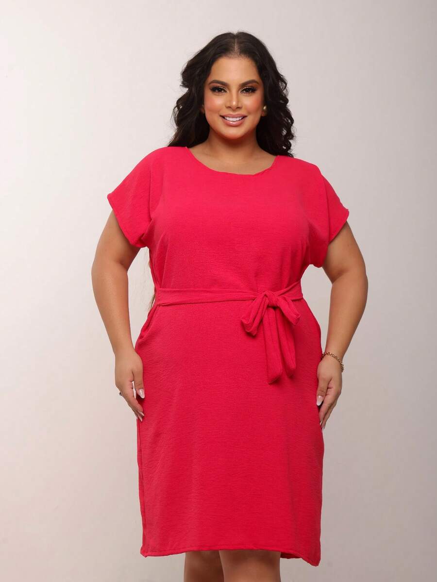 Vestido Lindo  Casual  elegante    Nó  Com cinto - Vermelho - Visão 1