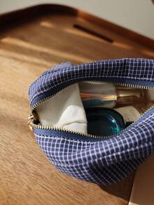 Precatch Small Makeup Bag For Purse, Aesthetic Grid Pattern Cosmetic Pouch, Portable Travel Toiletry Organizer, Compact Daily Storage Bag For Essentials, Deep Blue - Navy Blue - View 6