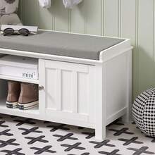 SoBuy Banc à chaussures avec rangement pour entrée, avec 2 placards et éères, placard en bois blanc, coussin confortable de 4, charge maximale 150 kg, L105xP35xH43, montage facile, FSR35- - 1 - Voir 8