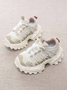 1 Pair Kids' Mecha Chunky Sneakers, Mesh Breathable, Boys/Girls Thick Sole Shock Absorbing Anti-Slip Toddler Athletic Shoes, Fashionable Casual Running Shoes - Beige - View 5