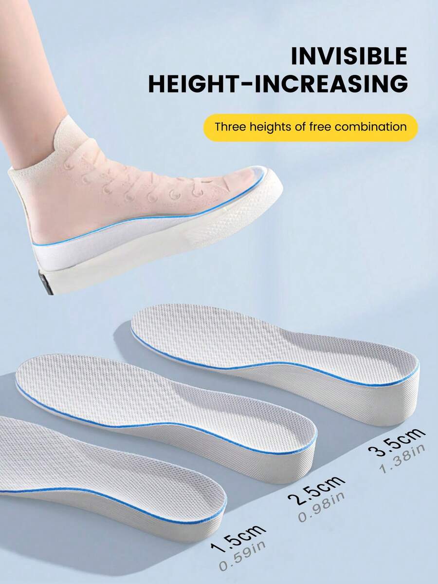 1 Pair Unisex Breathable Hidden Heel Insoles, Thick Soft Sole, Full Length Height Increase Insoles Suitable For Low/Mid-Top Shoes, Boots, Sneakers & Casual Shoes - Grayish Blue, 1.5cm - View 1