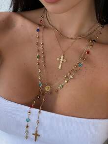 4pcs/Set Vintage Gold Metal Jesus Cross Y-Shaped Long Necklace, Boho Colorful Crystal Pendant Necklace Set, Suitable For Women Daily & Holiday Wear, Gift For Friends (Handmade Length Adjustable, Random Glass Crystal Colors And Bead Quantities) - 4-piece Set 2 - View 1