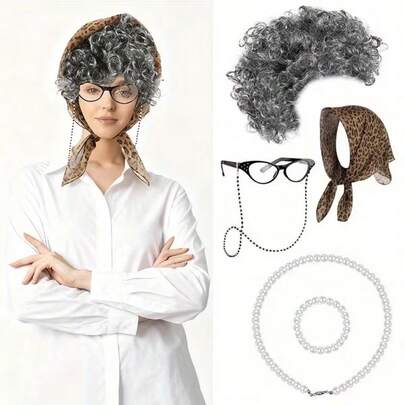 Granny Wig Performance Cosplay Old Lady Cosplay Suit Short Curly Hair Halloween Old Lady Wig Cos Granny Short Wavy Curly Hair