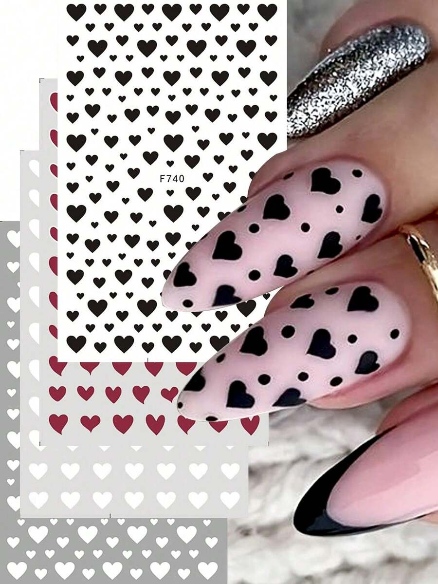 4pcs Valentine's Day Nail Art Stickers, Red White Black Heart Pattern, Sliding Style Holiday Stickers, Romantic Gift, Women DIY Nail Art Accessories & Decorations Nails Nail Supplies - Multicolor - View 1