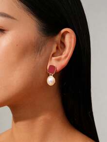 5对树脂仿珍珠长款红色几何心形耳环，复古独特风格，适合女性，假日及日常佩戴 - 彩色 - 查看 4