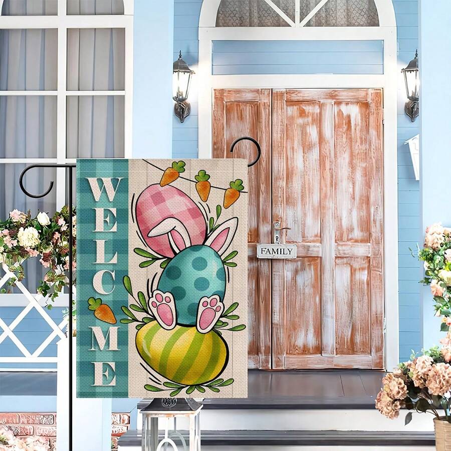 1pc Easter Celebration Garden Flag - 12x18 Inches, Outdoor Welcome Decor For Spring And Summer, With Egg, Carrot, Plaid Design, Durable Polyester, No Power Needed - Baby Blue - View 1