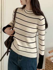 Women's Mock Neck Sweater, Fitted Knit Top, Versatile Layering Piece For Winter - Apricot - View 7