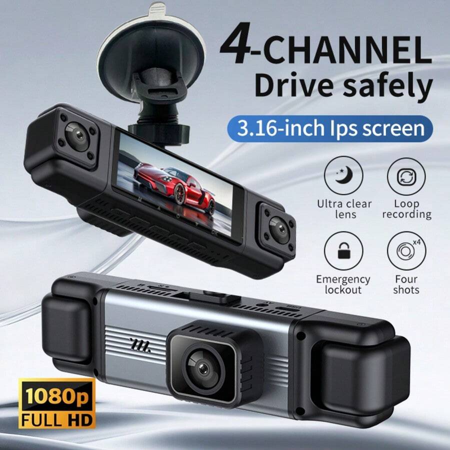 四通道行车记录仪：1080P 全高清车载 DVR，配备 3.16 英寸 IPS 屏幕、超清晰镜头和紧急锁定功能 - 四重保护，全方位行车安全