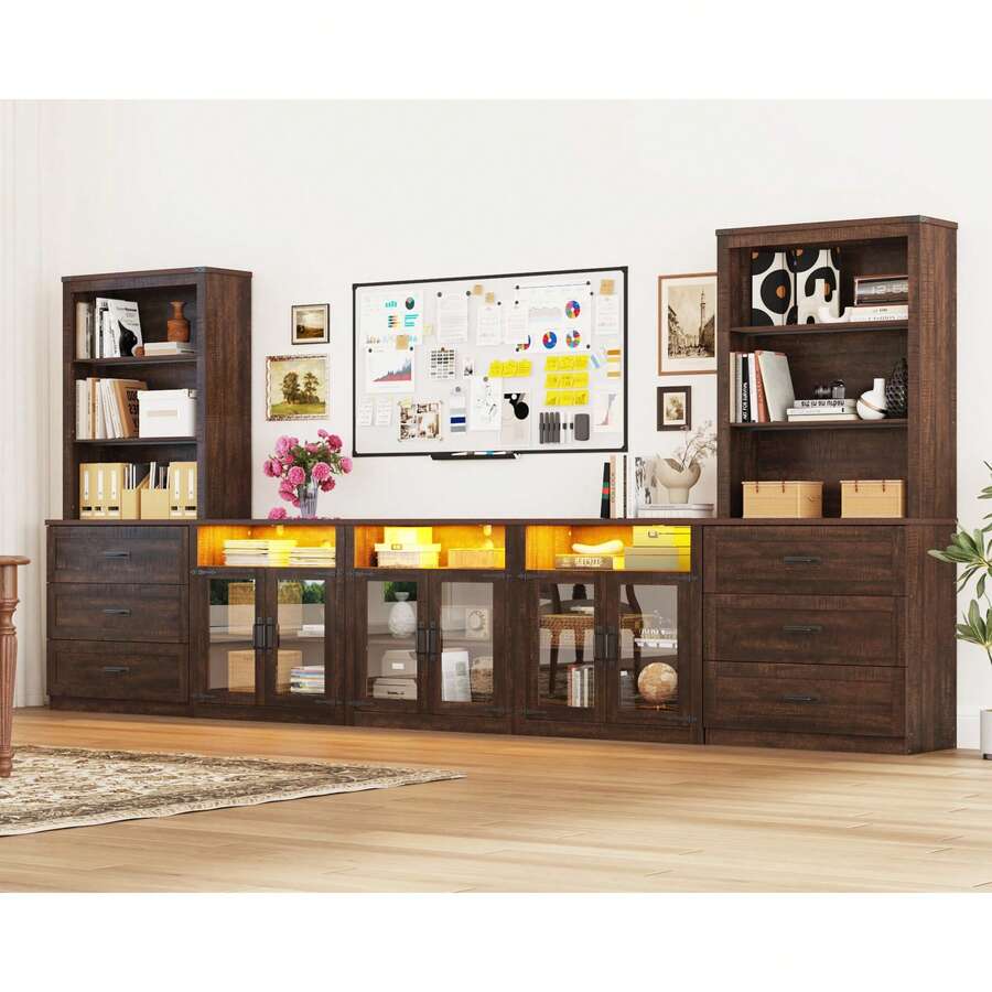 4-Piece Farmhouse Entertainment Center: 157" Wide Wall Unit For TVs Up To 100" With Bookshelves, Doors, Drawer, And Media Console - View 1