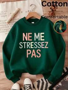 Áo nỉ cổ tròn in chữ cơ bản, phong cách thường ngày cho mùa xuân và mùa thu. - màu xanh lá - Xem 2