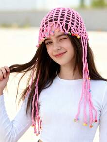 1pc Handmade Crochet Bohemian Style Teenage Hat (12-16 Years Old) - Breathable Tassel Beaded Sun Hat, Lightweight Hollow Summer Headwear - Handmade Openwork Headdress With Tassels - View 2