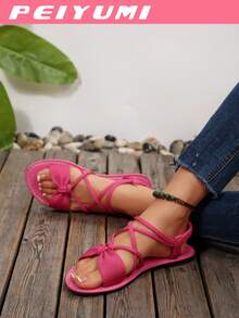 PEIYUMI Giày sandal thời trang nữ, thiết kế nơ và quai chéo thanh lịch, thoải mái và đa năng, phù hợp cho nhiều dịp, nhiều lựa chọn màu sắc. - Màu Hồng Tươi - Xem 3