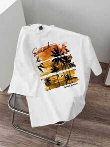 VIVINTIMO Herren Grafik T-Shirt, Rundhals, Landschafts- & Buchstabendruck, kurzarm, lässig, vielseitig, Baumwolle, Streetwear, Sommer, Strand - Weiss - Übersicht 2