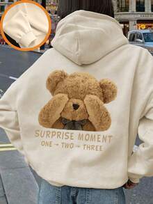 1件少女休闲印花套头卫衣，保暖内衬，长袖，秋冬季学生服装 - 杏色 - 查看 9